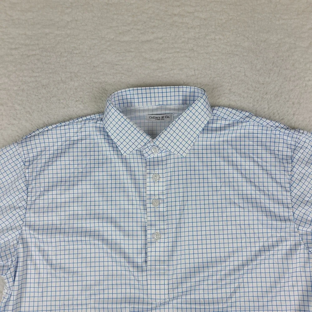 Collars & Co. Dress Polo Shirt Mens Large Tall Blue White Check Performance